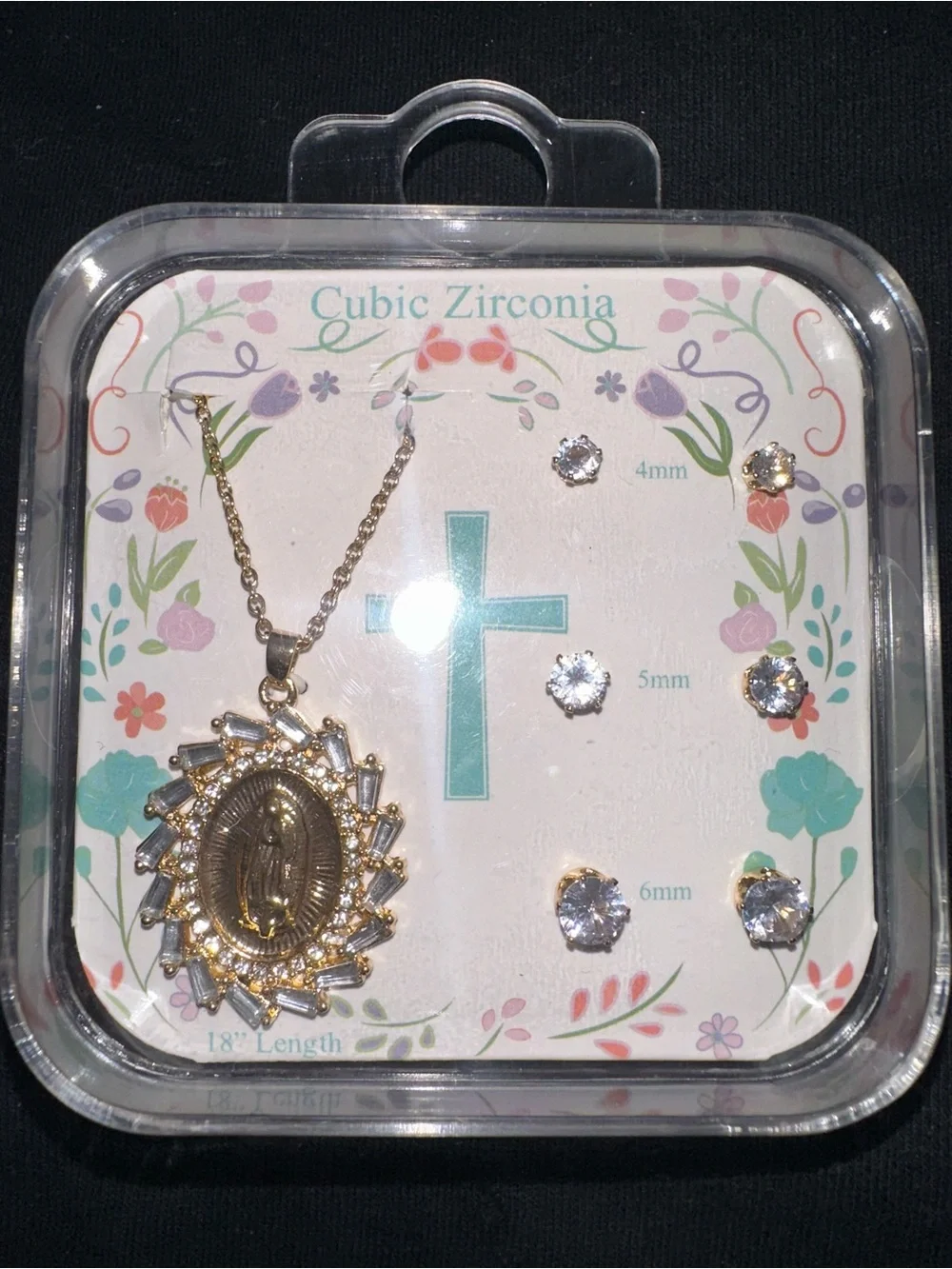 Virgin Mary Oval Pendant Necklace & CZ Stud Set — Gold Tone, 18